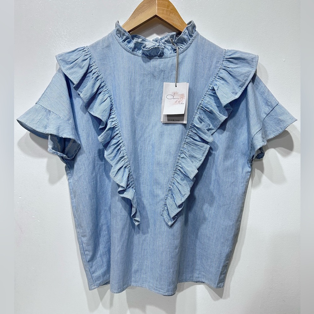 Americo & Rosa Blue Pinstripe Ruffle Blouse Mock Neck‎ Flutter Sleeve Top Size S